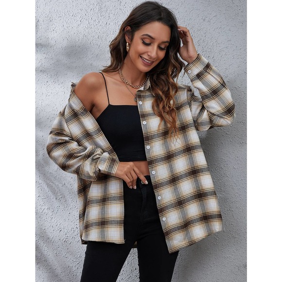 Preppy Plaid Print oversized long sleeve button up Shirt - Picture 9 of 11